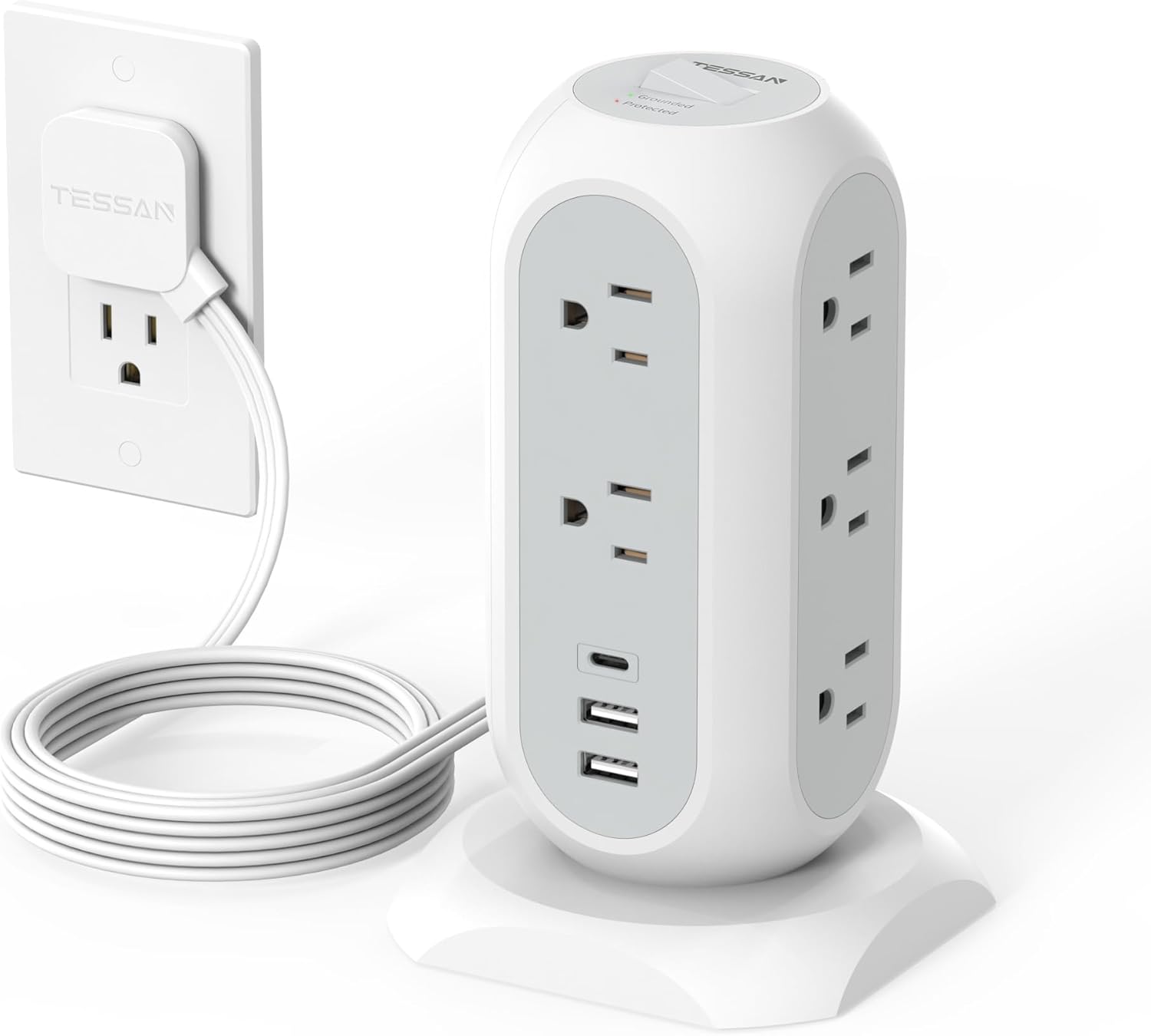 Tower Power Strip Flat Plug with 11 Outlets 3 USB (1 USB C), Surge Protector Tower 1625W/13A,1050J Protection, 6 Feet Extension Cord with Multiple Outlets, Office Desk Supplies, Dorm Essentials