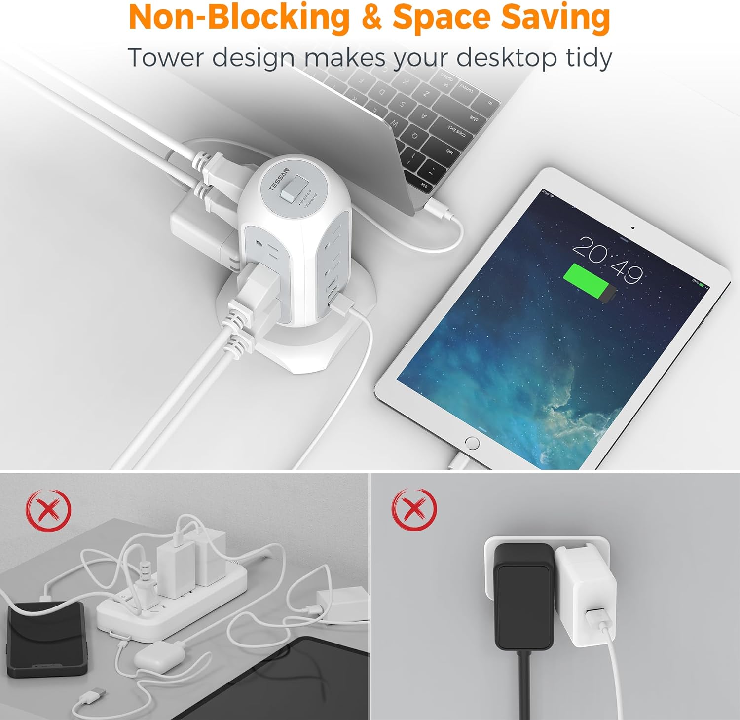 Tower Power Strip Flat Plug with 11 Outlets 3 USB (1 USB C), Surge Protector Tower 1625W/13A,1050J Protection, 6 Feet Extension Cord with Multiple Outlets, Office Desk Supplies, Dorm Essentials